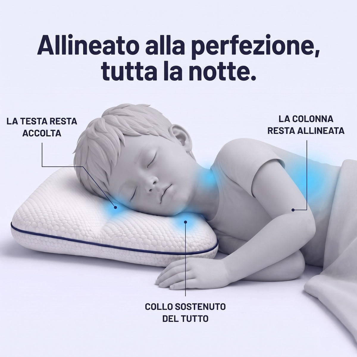 Ricostruzione 3D: testa, collo e colonna vertebrale restano allineati sul cuscino per bambini LulaBini