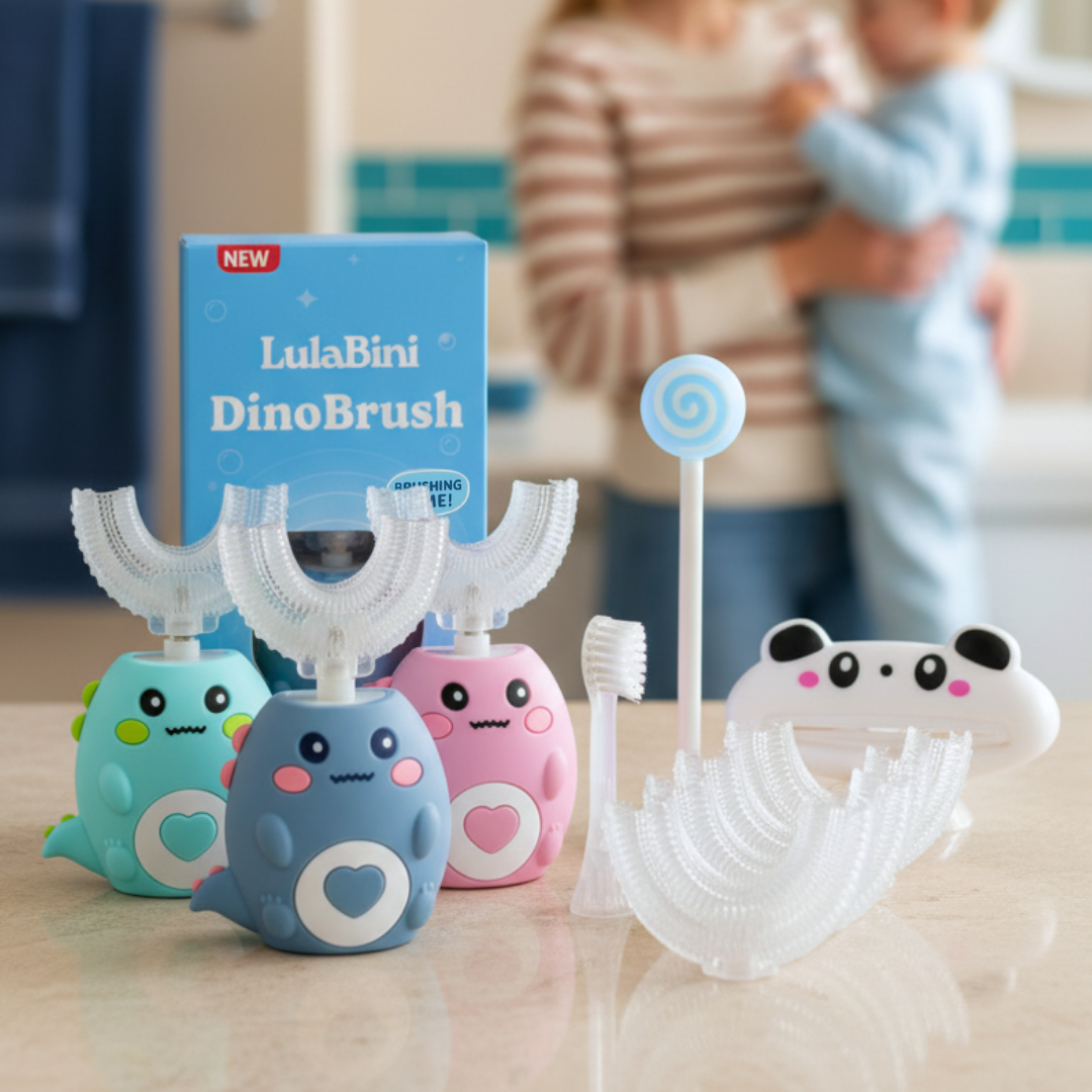 The DinoBrush in three colours with spare U shaped heads